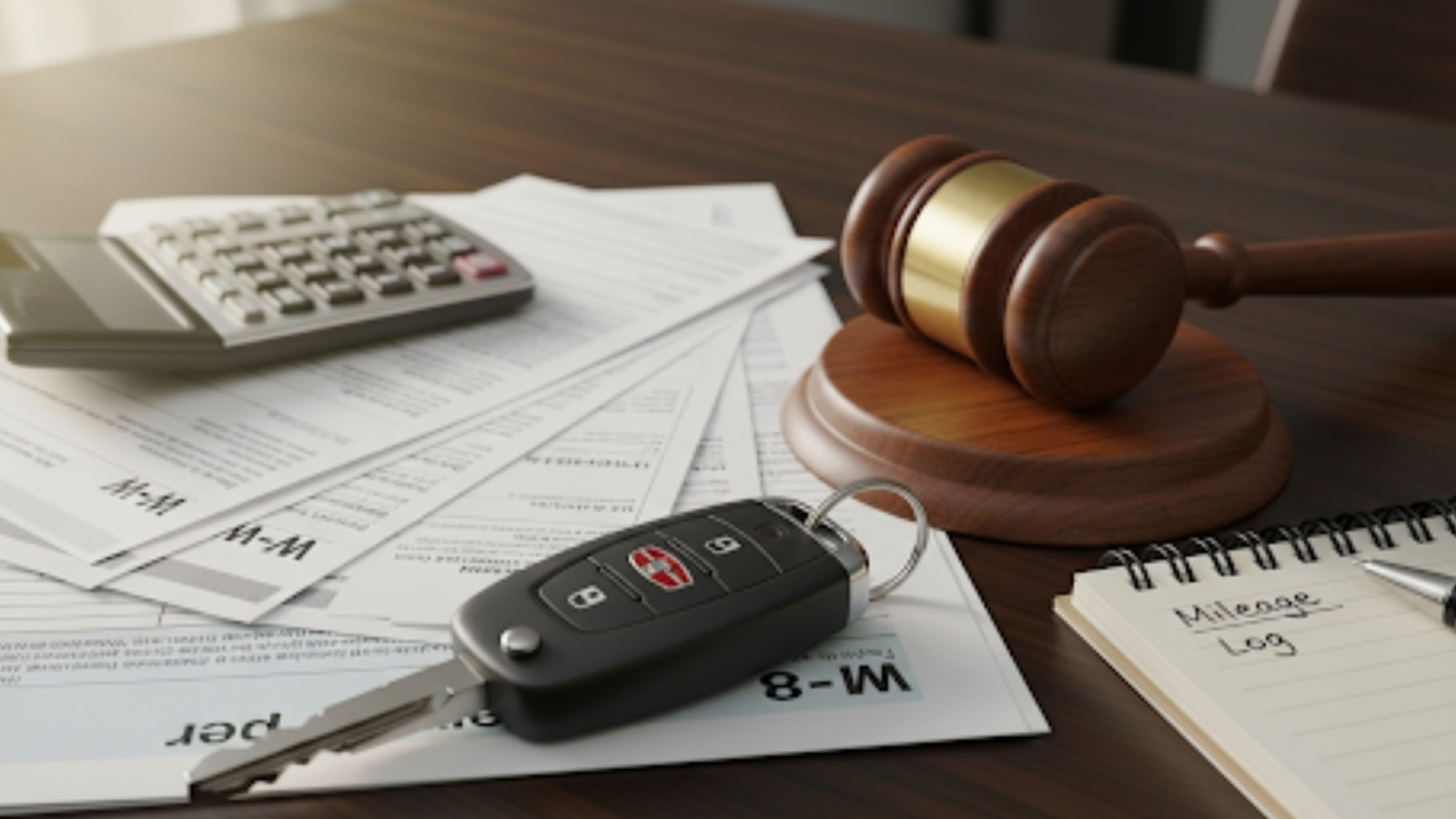 机の上に置かれた車のキーと、法律を象徴する木槌、税務書類。自家用車レンタル副業に伴う法律、税金、保険などのリスク管理の重要性を示している。 
