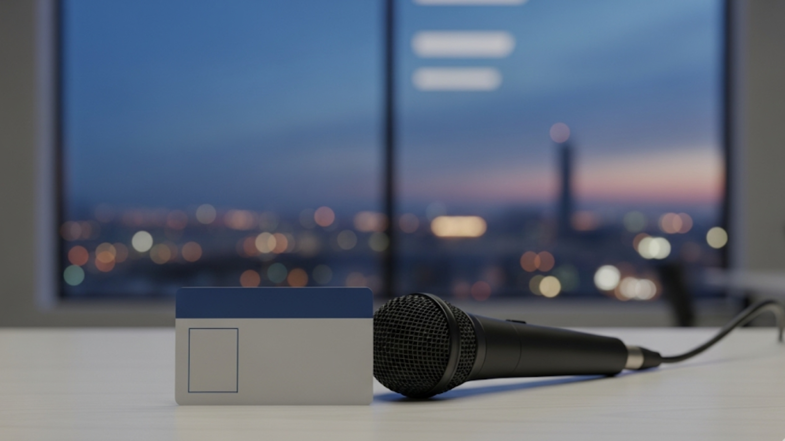 夕暮れのオフィスデスクに置かれたマイクと社員証。アナウンサーの退職やキャリアの岐路を象徴している。