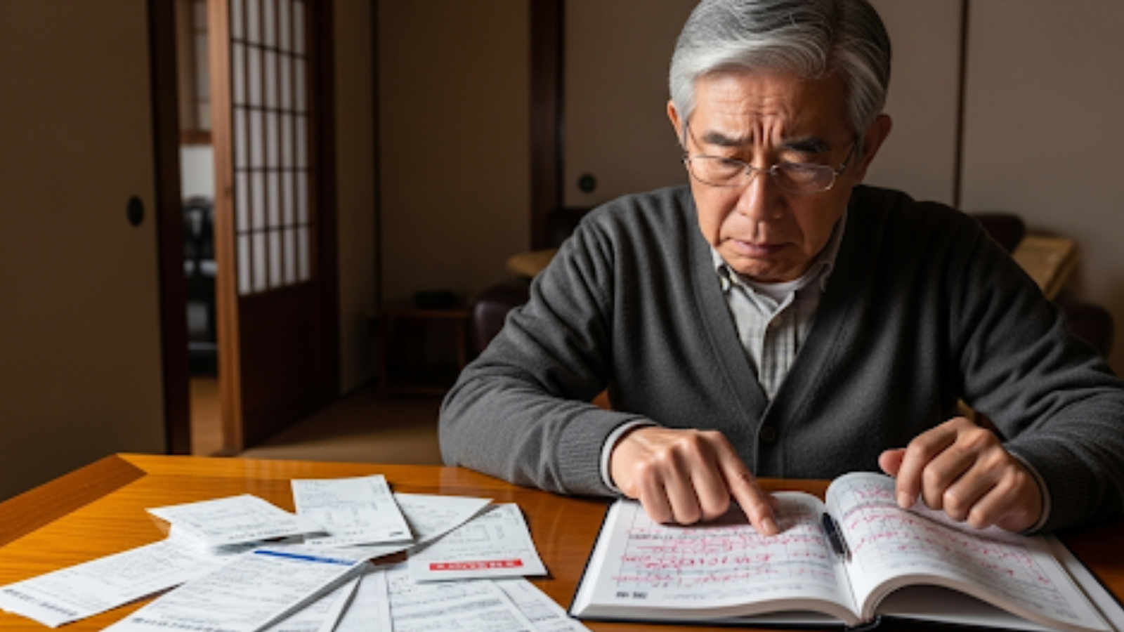 64歳自己都合退職の手続きについて、ハローワークの窓口で職員から説明を受ける男性。給付制限期間や必要書類について真剣に聞いている様子