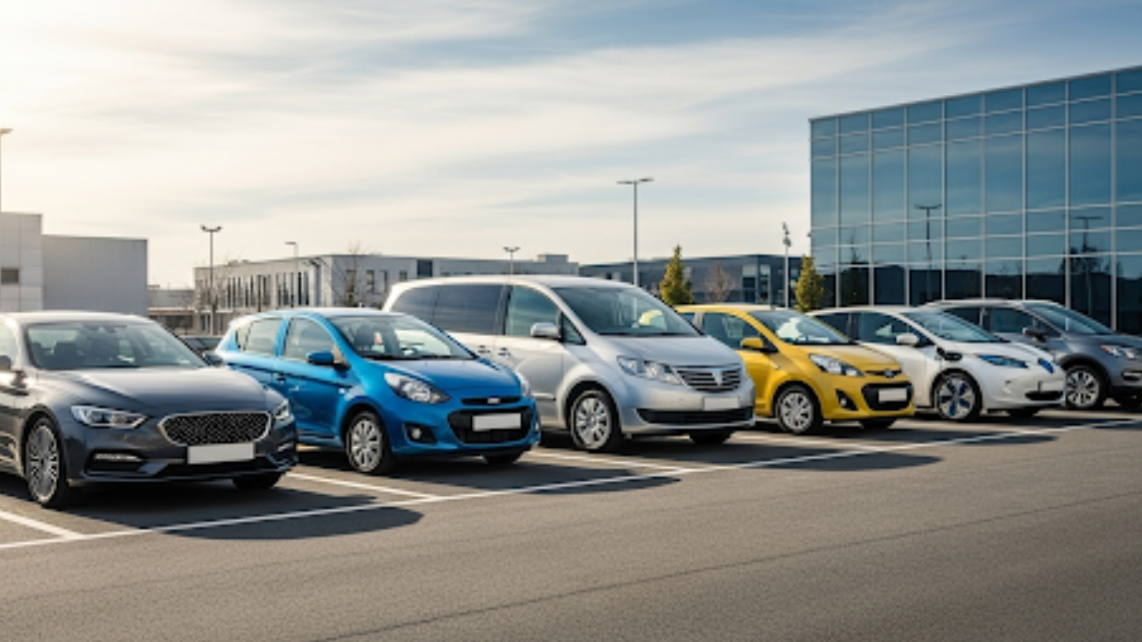 自家用車レンタル副業で利用できるセダンやミニバン、コンパクトカーなどが駐車場に並んでいる様子。様々な車種で副業を始められる可能性を示唆している。