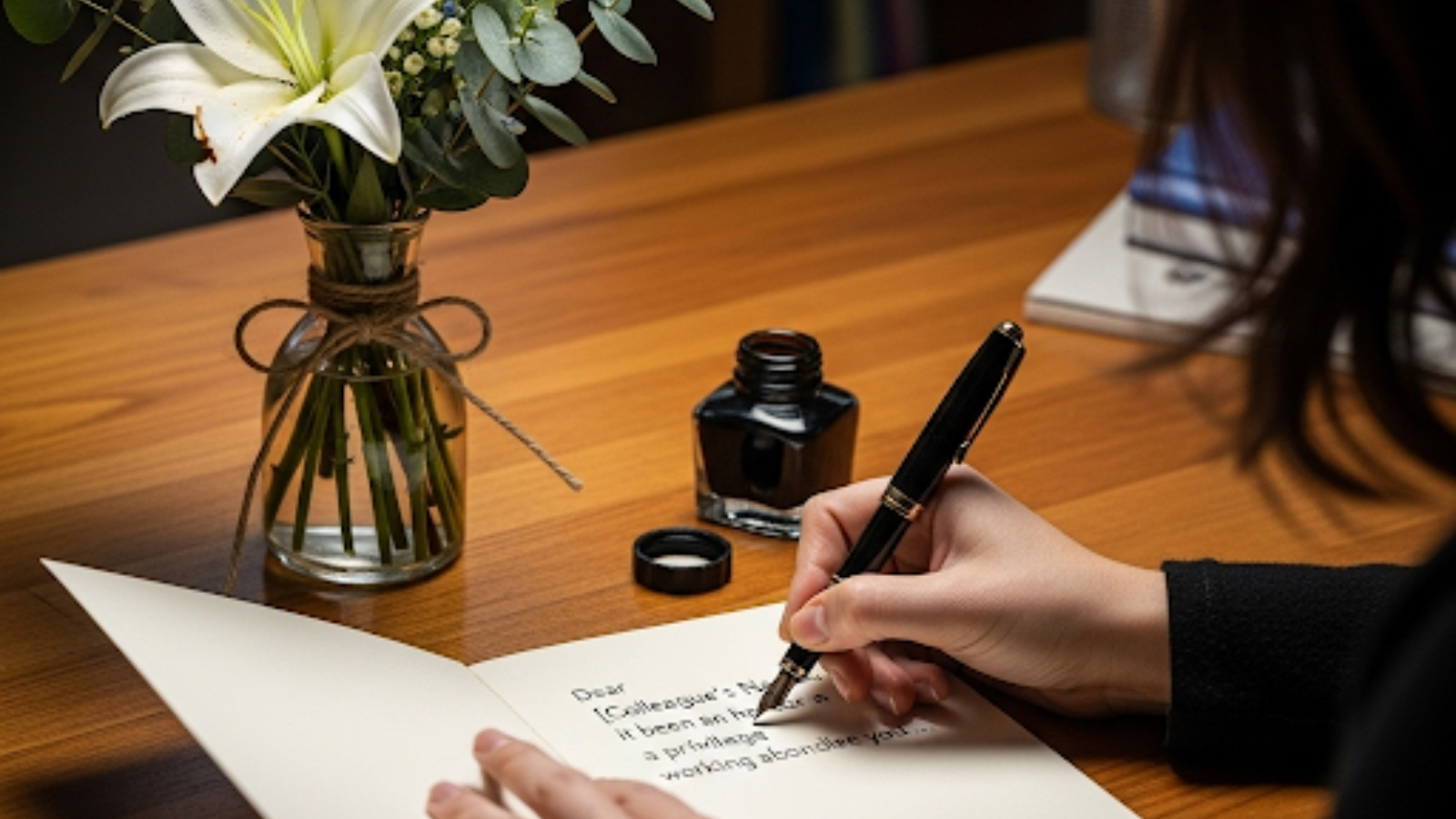 定年退職をする方に向けた、送る側の社員が心に残る挨拶・メッセージの例文を考案している様子のサムネイル画像