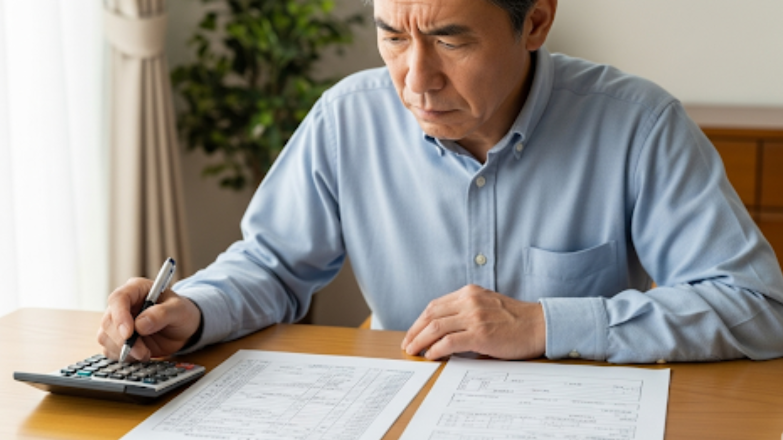 64歳で退職するデメリットを考える男性が、年金と失業保険(失保)の書類を前に電卓で手取り額を比較計算し、どちらが得か悩んでいる様子