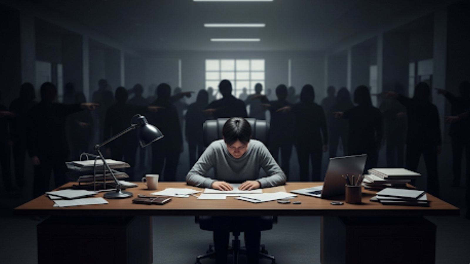 発達障害を理由に職場で孤立し、大勢から非難され退職に追い込む状況を象徴する画像。一人の人物がデスクでうなだれ、周囲の影が指を差している。