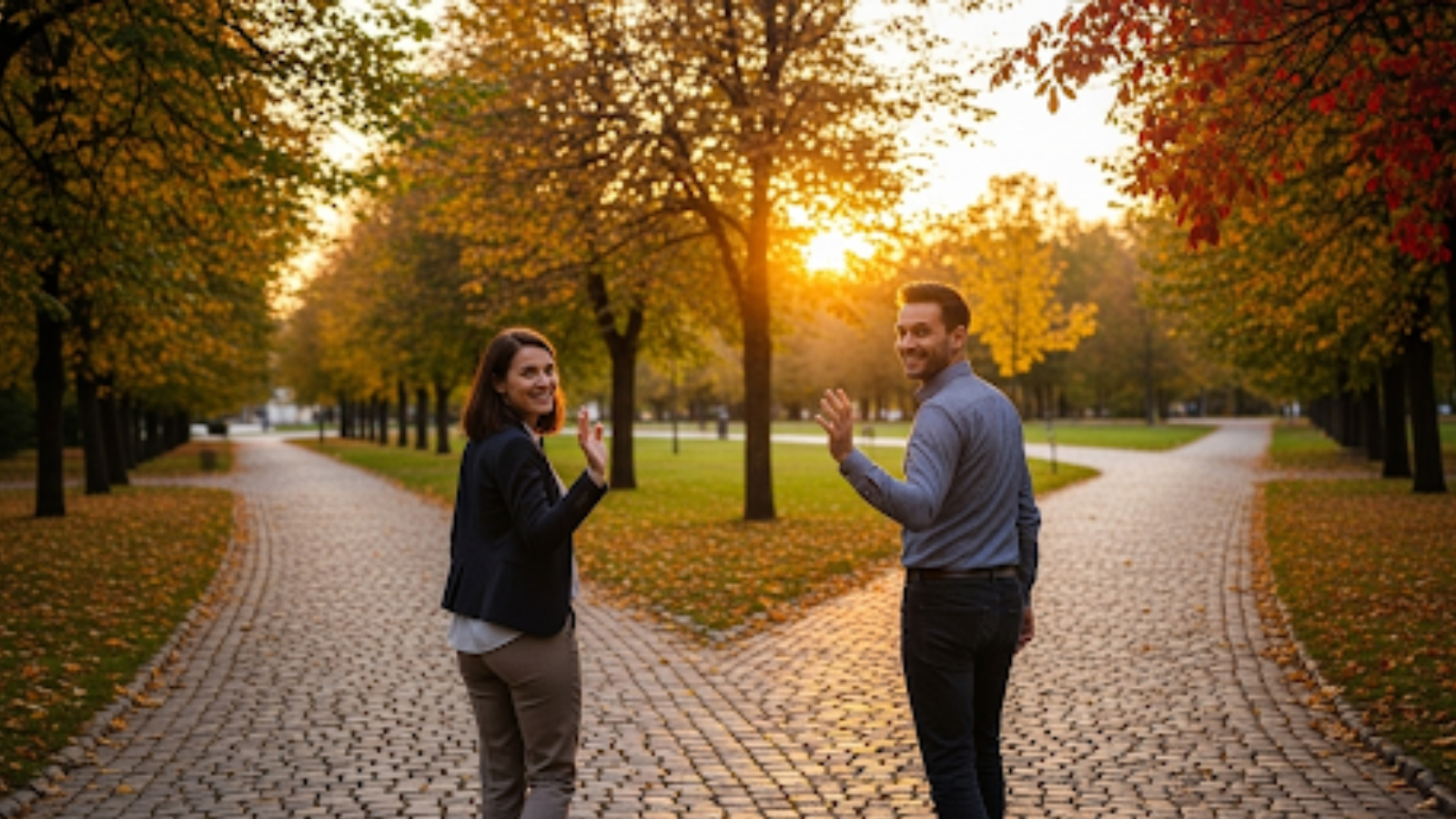 発達障害が理由でも円満離職できることを象徴する画像。別々の道に進む男女が、対立ではなく笑顔で手を振り合い、良好な未来を示唆している。