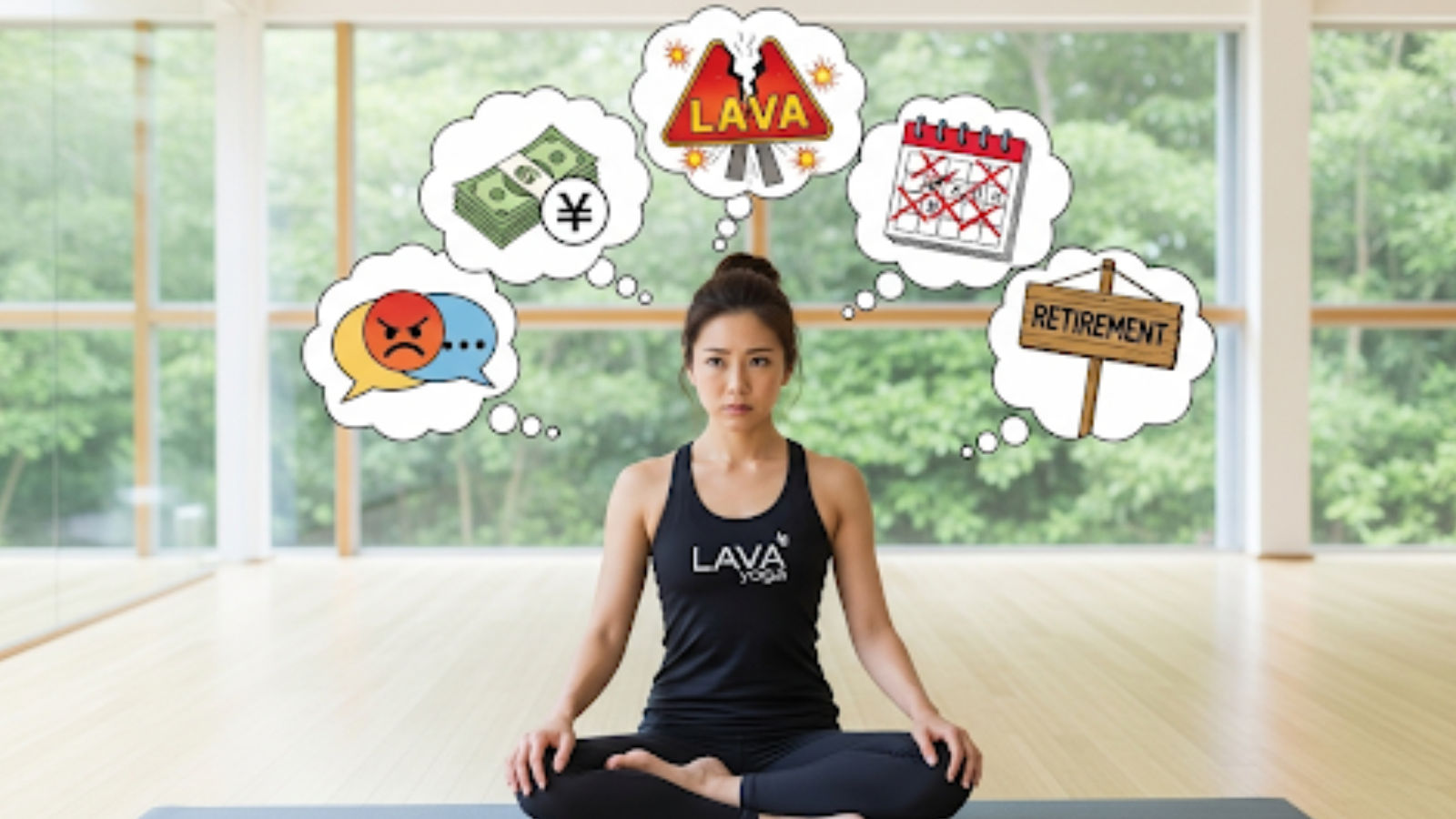 良の代替テキスト案：LAVAインストラクターが抱える5つの退職理由。金銭、人間関係、仕事量、健康、将来の不安を象徴する吹き出しが頭上に浮かぶ日本人女性の画像。