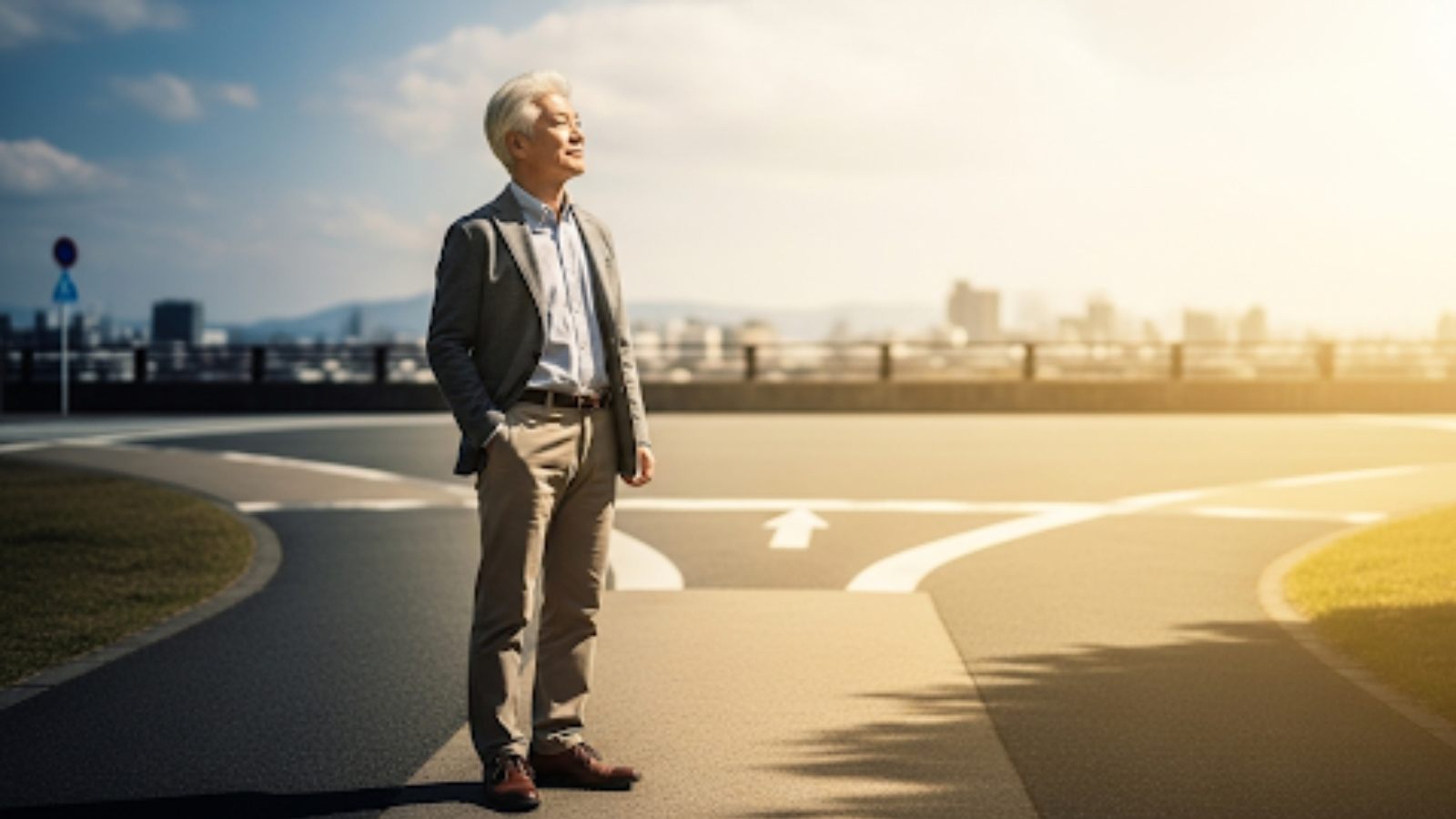 64歳で退職するデメリットを乗り越え、状況別の最適解を見つけた男性。計画を手に、岐路から明るい未来へと続く道を選択し、自信に満ちた表情で前を見据えている様子