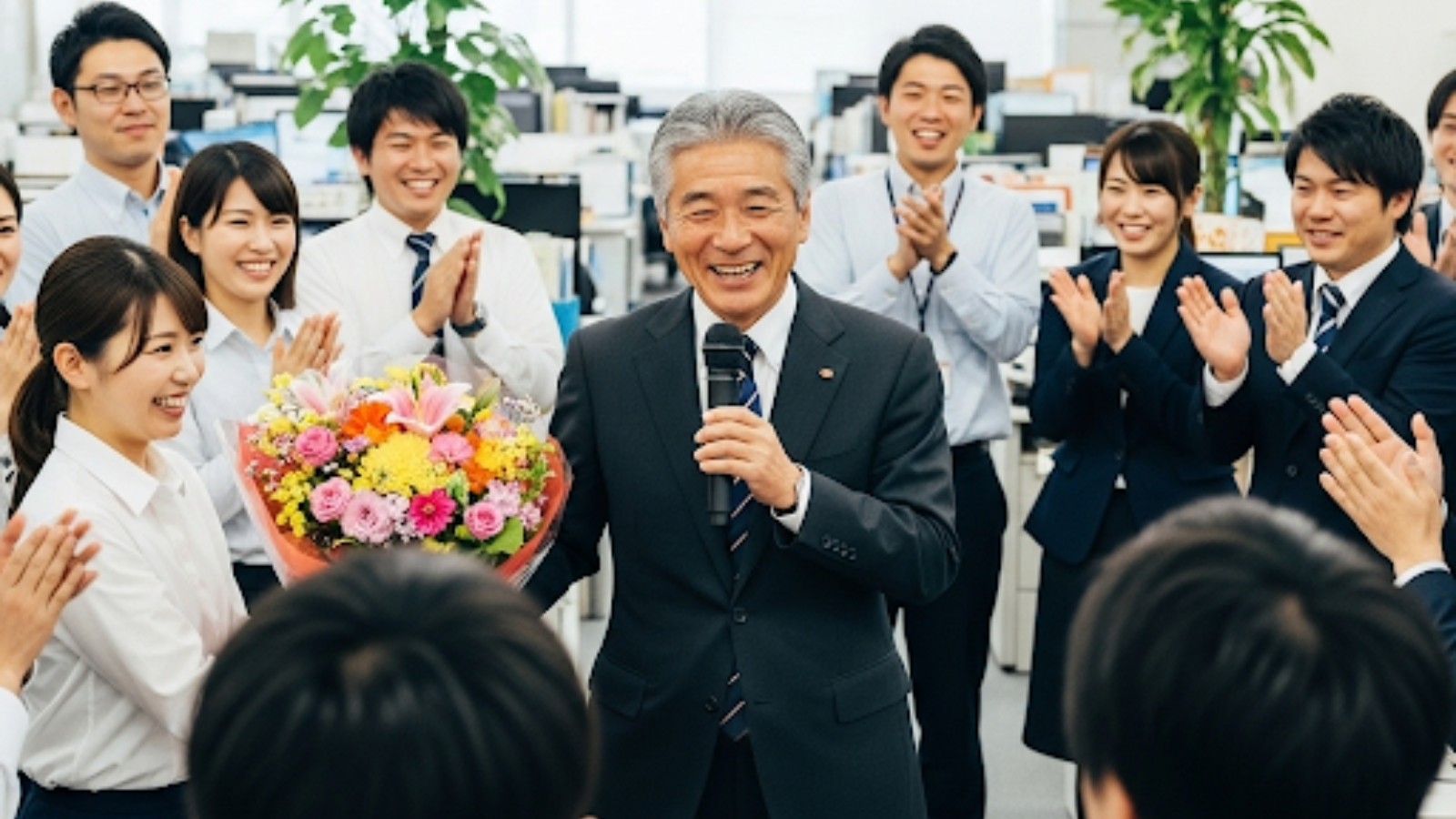 定年退職する際に、周りの型の心に残る挨拶、メッセージを伝えている様子のサムネイル画像