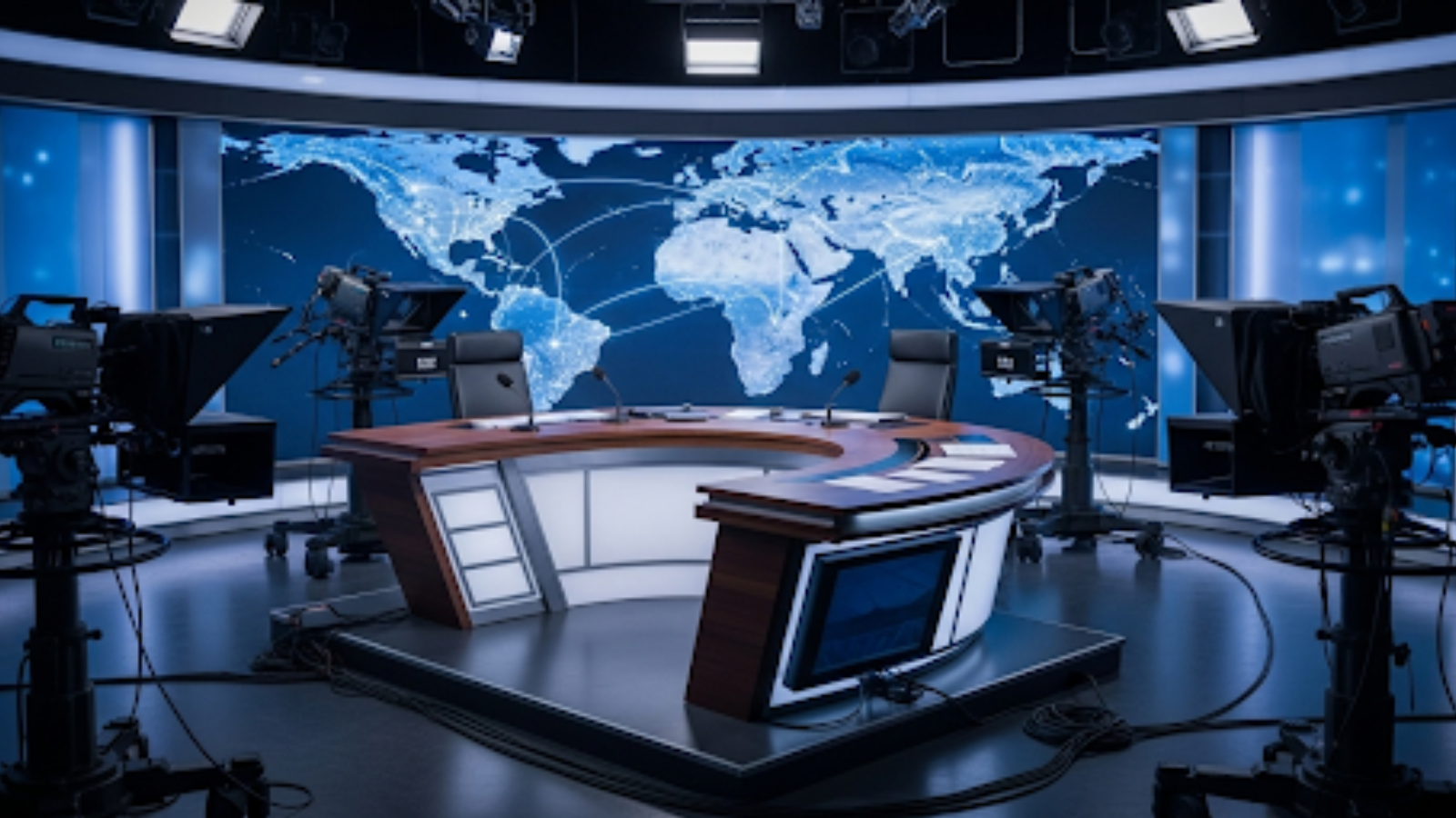 誰もいないニューススタジオの風景。放送準備が整ったデスクとカメラが、アナウンサーの不在を静かに示している。