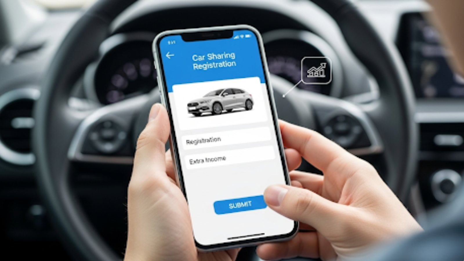 車の運転席でスマートフォンを操作し、カーシェアリングサービスに車両を登録している様子。自家用車レンタル副業の始め方の第一歩を象徴している。 
