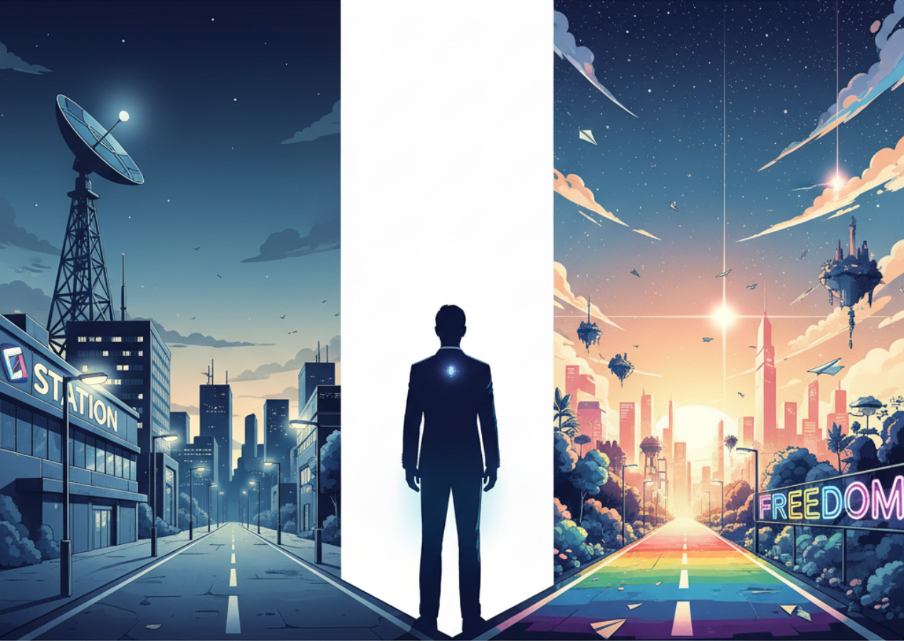 キャリアの岐路に立つ人物のイラスト