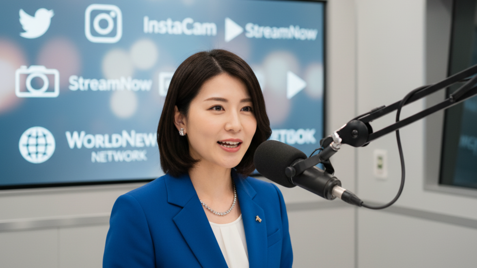 フリーアナウンサーとしてカフェでマイクに向かう日本人女性のイメージ画像