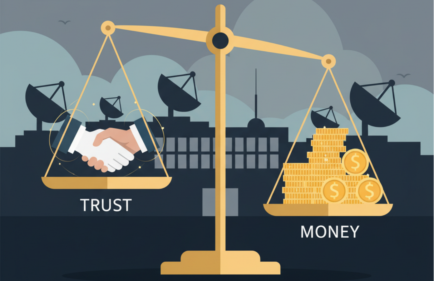 企業の信頼が金銭問題で揺らぐ様子を象徴するイラスト