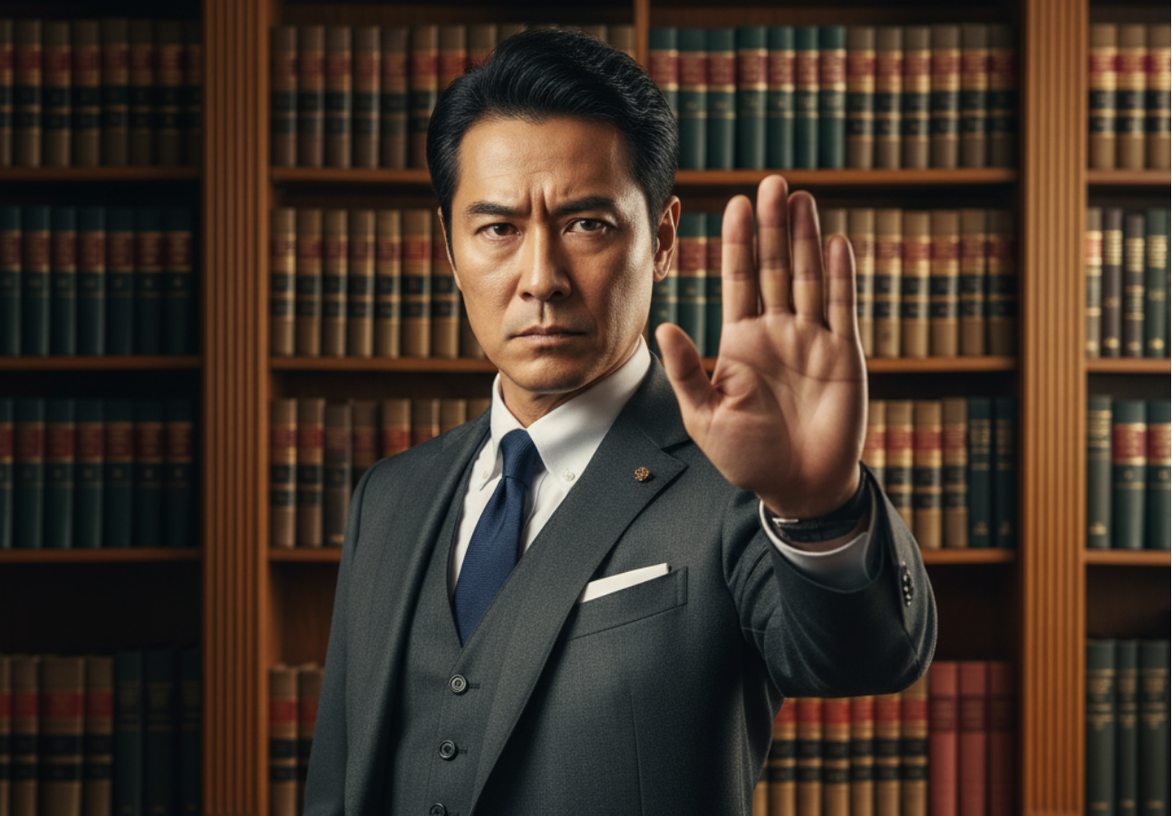 スーツ姿の日本人専門家が「待った」と手をかざすイメージ