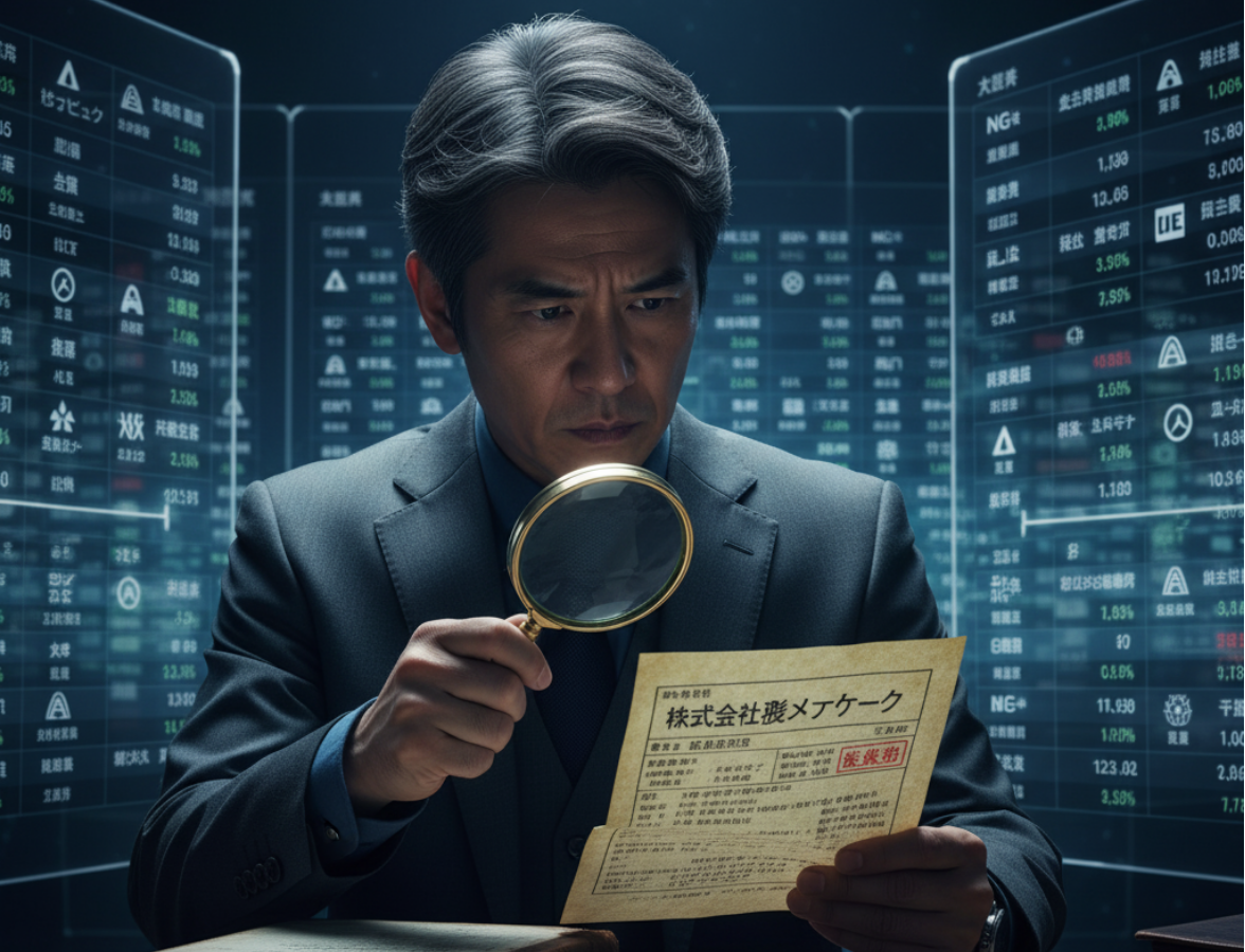 虫眼鏡で登記情報を見る日本人探偵のイメージ