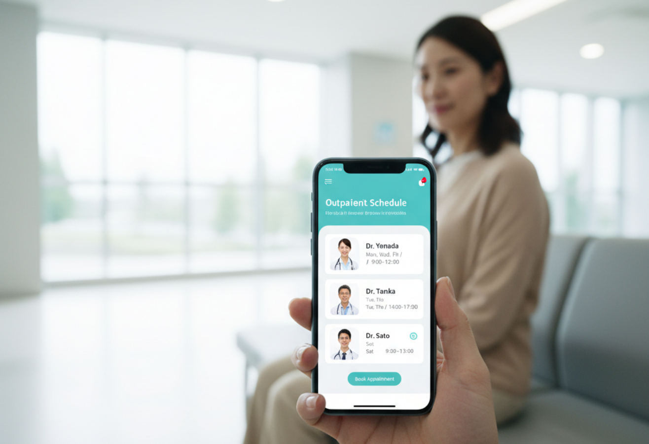 患者らしき人物が、スマートフォンで病院のウェブサイトに表示された外来担当表を確認している様子。画面には医師の顔写真と名前、診療時間が架空のUIで表示されている。使いやすさと信頼感を表現