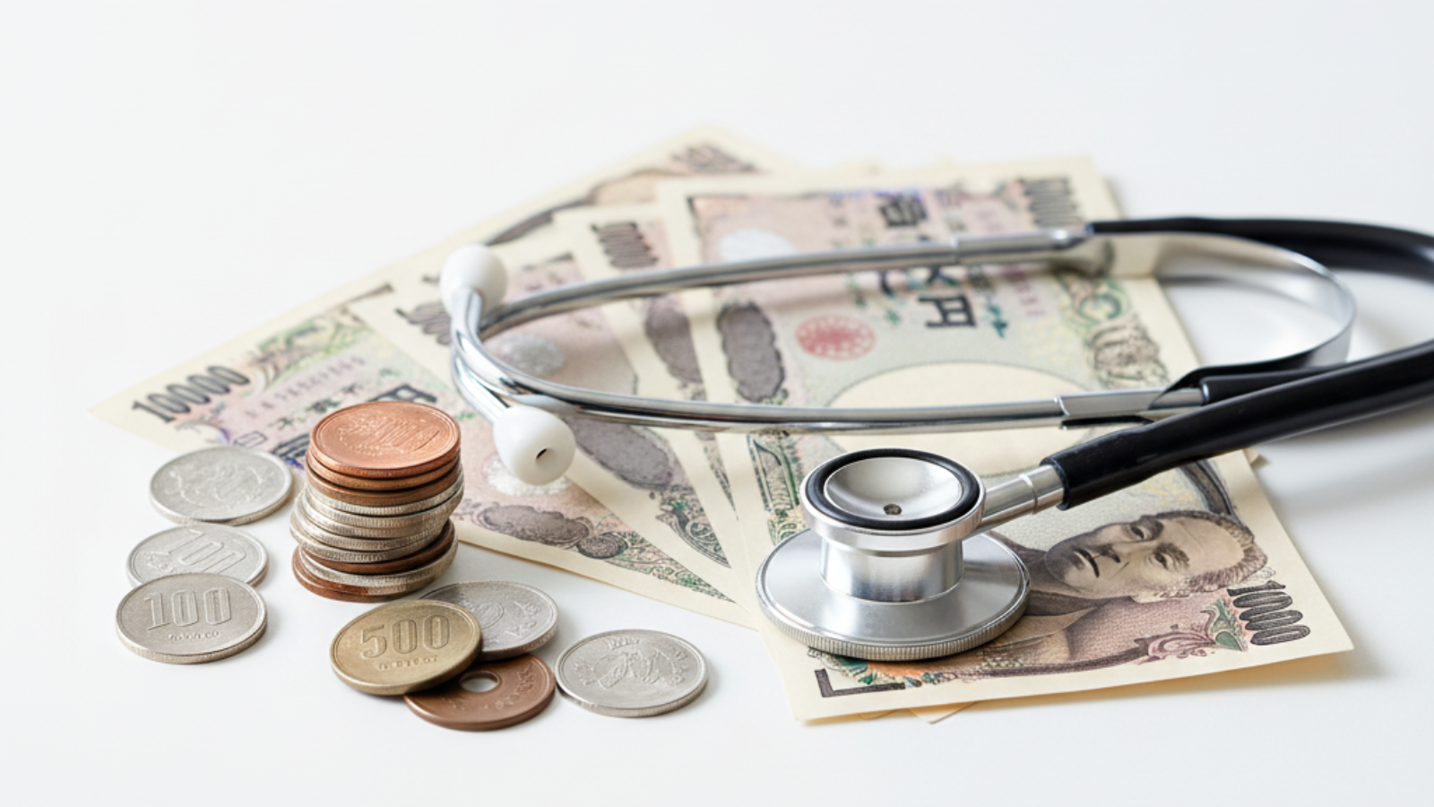 清潔感のある明るい背景に、日本の紙幣と硬貨、そして聴診器が並べて置かれている。医療従事者の給与をイメージさせる、ポジティブでクリーンな写真