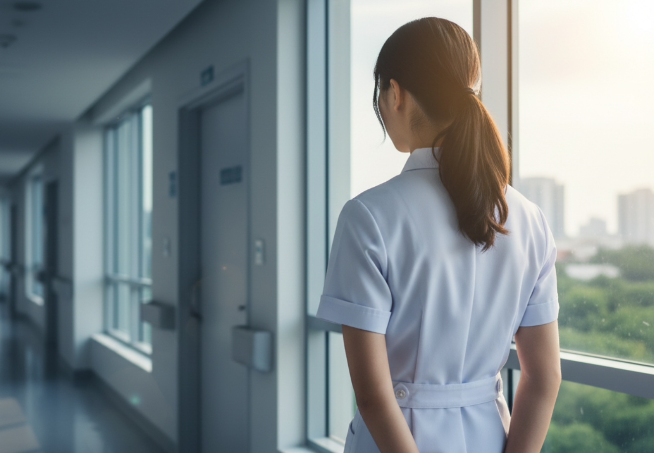 病院の廊下で、少し疲れた表情をしながらも、窓の外を見て一息ついている若い女性看護師の後ろ姿。キャリアについて真剣に考えている雰囲気を表現
