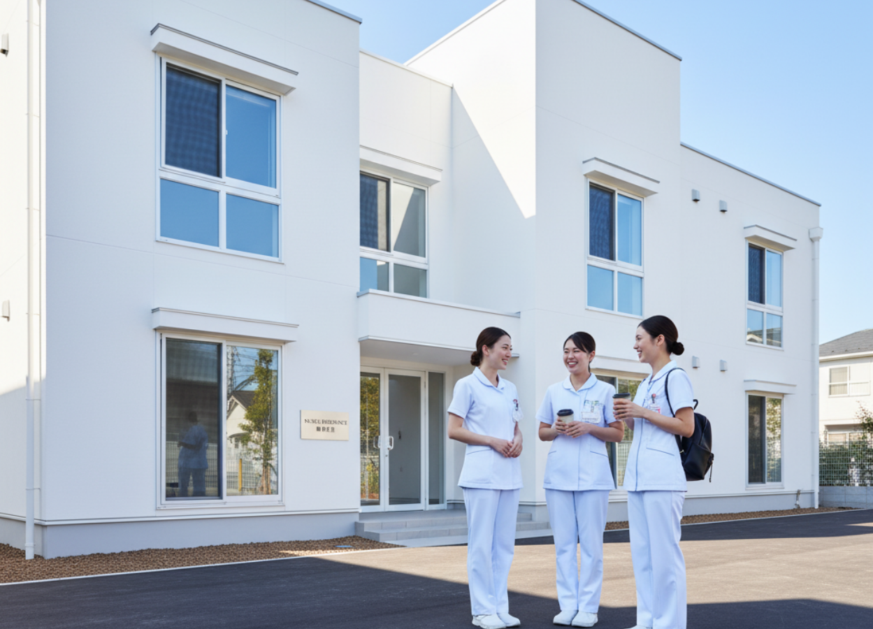 新築で清潔感のあるマンションの外観。これが看護師寮であることを示すため、建物の前に若々しい看護師が数名、笑顔で談笑している様子を加える。明るく、安心できる雰囲気