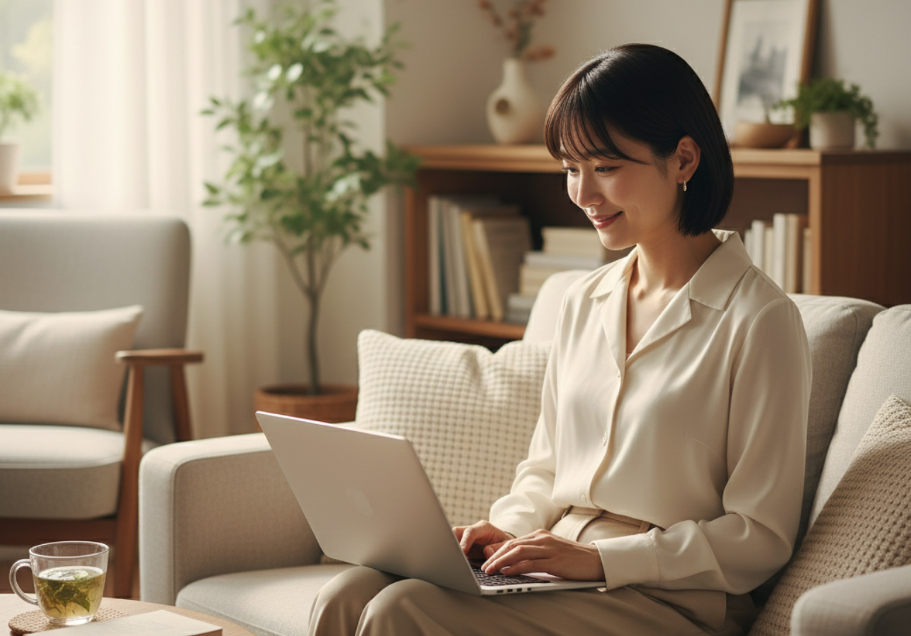 自宅のリラックスしたリビングで、女性がノートパソコンに向かってブログを書いている。表情は穏やかで、自身の経験を共有している満足感が感じられる。読者に共感と安心感を与える雰囲気