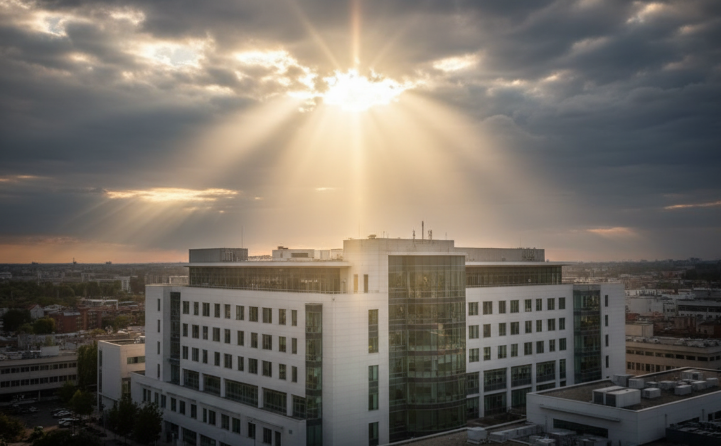 曇り空から光が差し込み、近代的な病院の建物を明るく照らしている。噂(曇り)が晴れて、事実(光)が明らかになったことを象徴する、希望に満ちたイメージ
