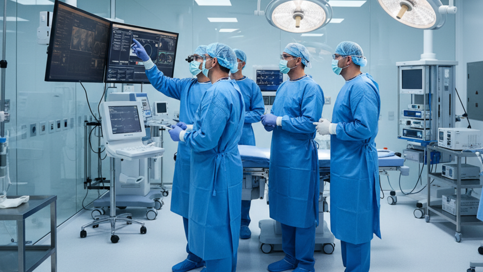 近代的な病院の手術室で、数名の外科医チームが真剣な表情でモニターを見ながら議論している様子。清潔感と専門性が感じられる雰囲気